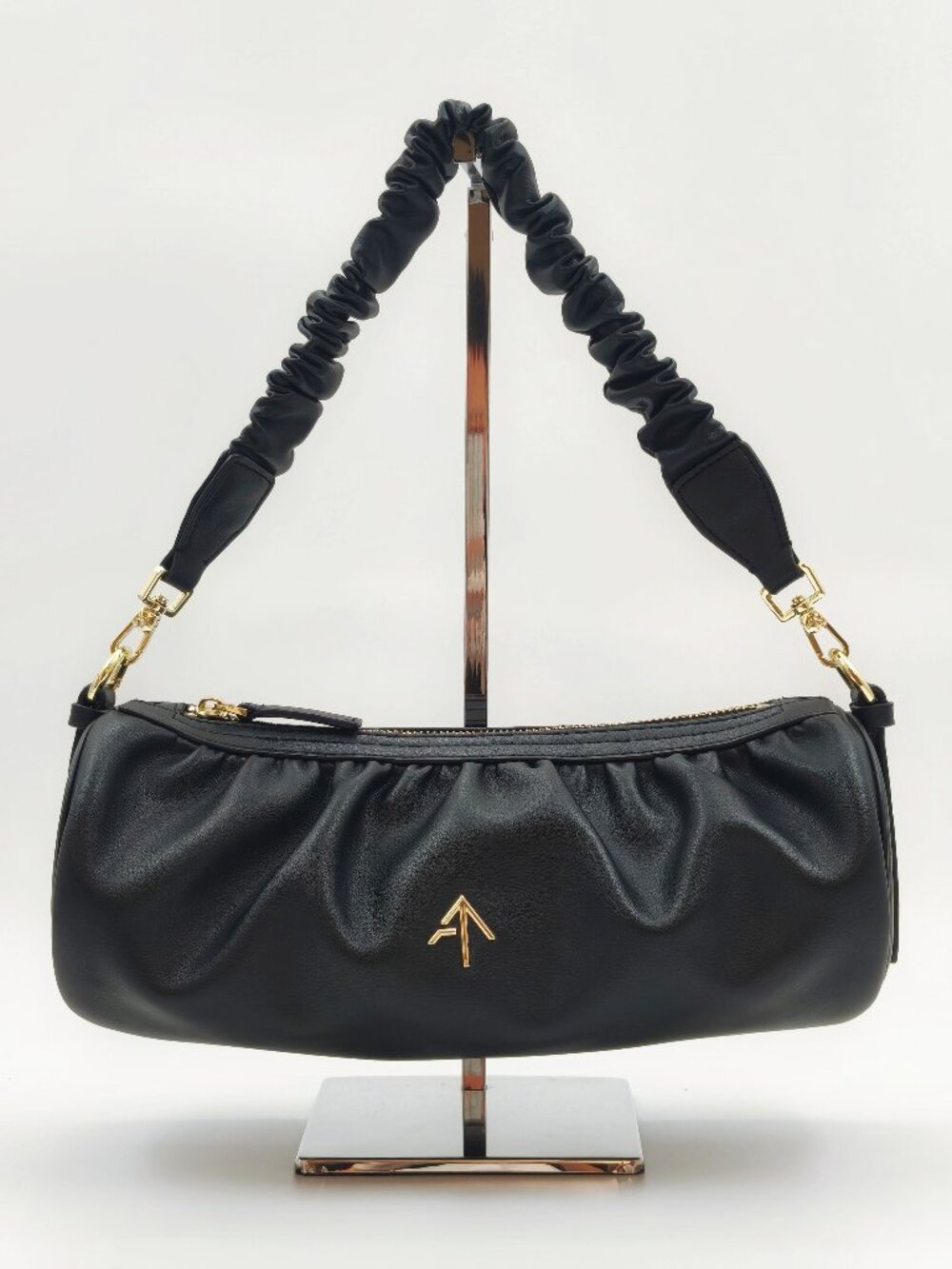 MANU Atelier Black Ruched Leather Shoulder Bag Gold Hardware